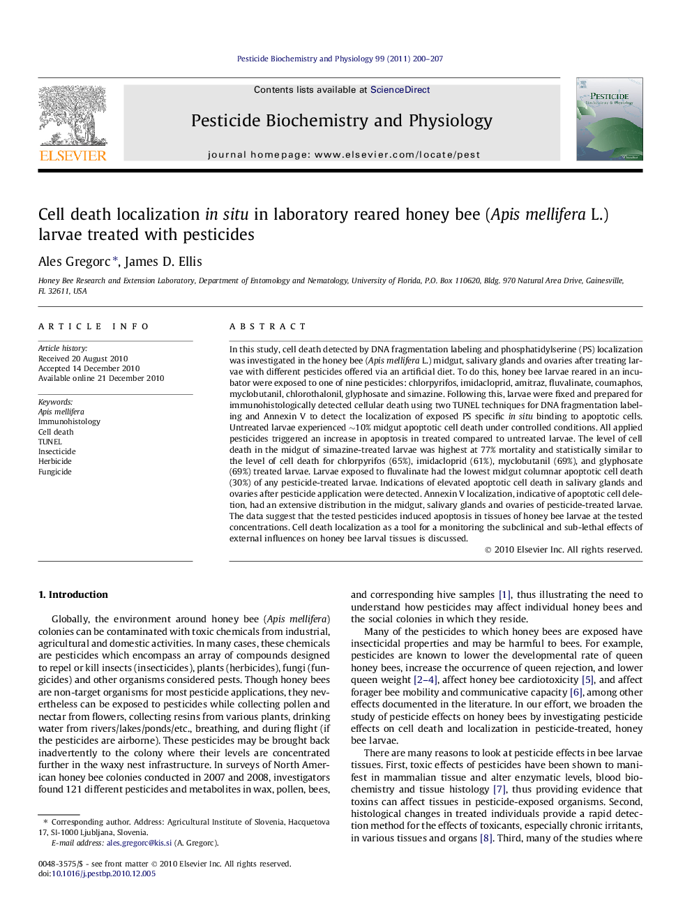 Cell death localization in situ in laboratory reared honey bee (Apis mellifera L.) larvae treated with pesticides