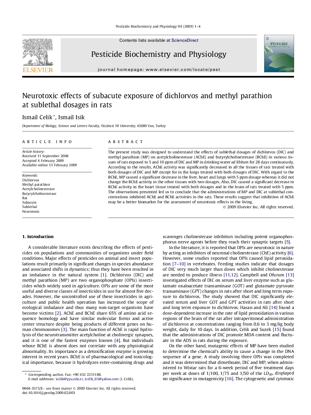 Neurotoxic effects of subacute exposure of dichlorvos and methyl parathion at sublethal dosages in rats