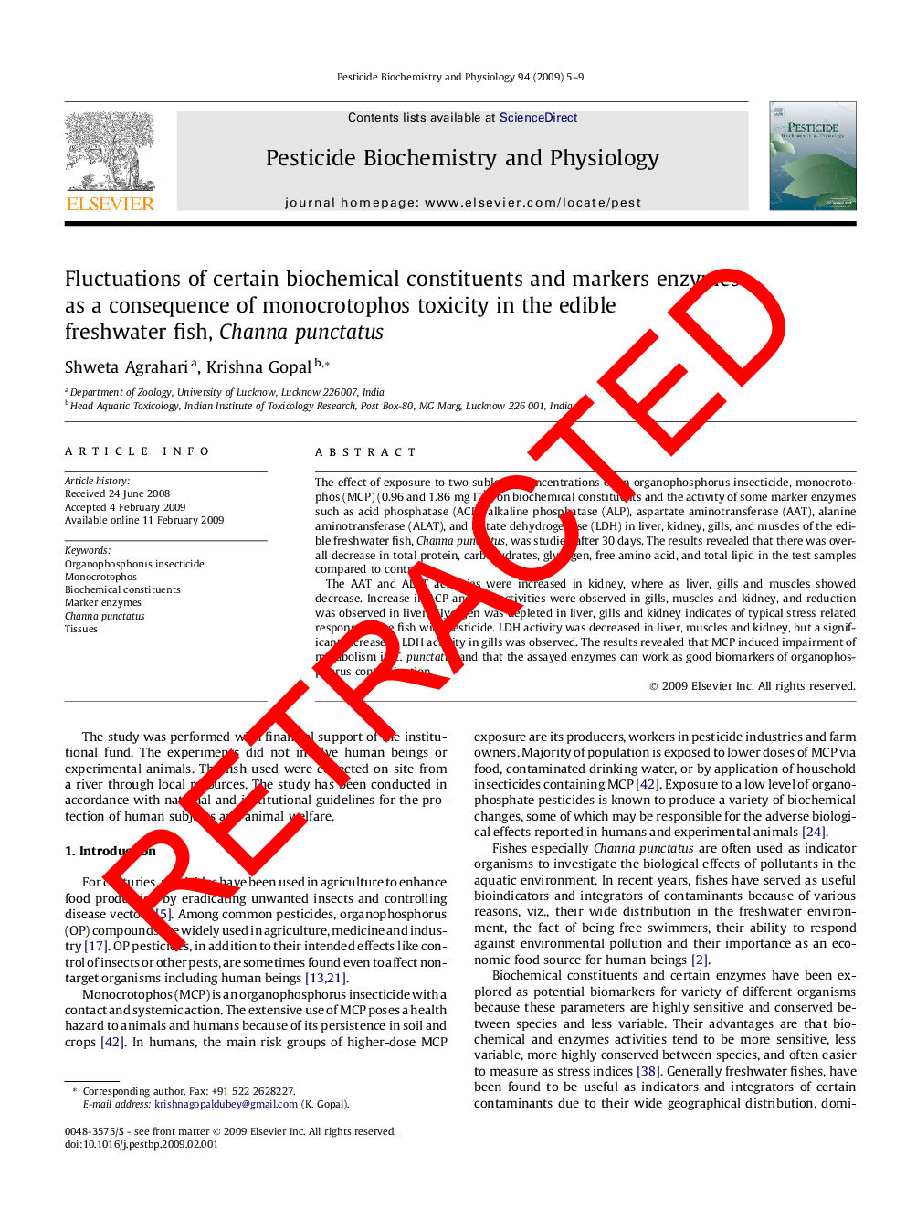 RETRACTED: Fluctuations of certain biochemical constituents and markers enzymes as a consequence of monocrotophos toxicity in the edible freshwater fish, Channa punctatus