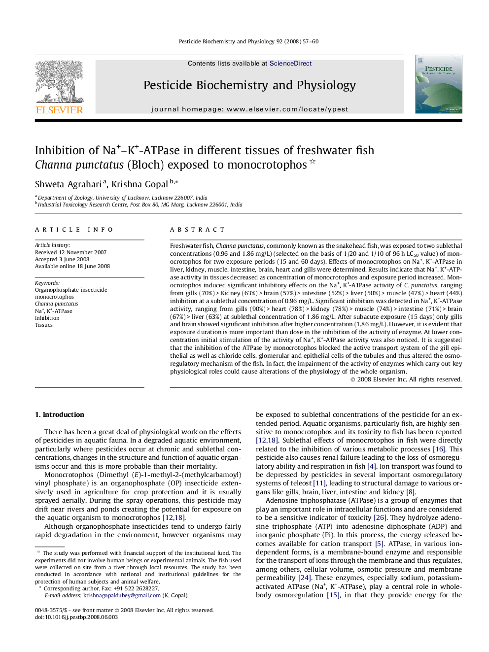 Inhibition of Na+–K+-ATPase in different tissues of freshwater fish Channa punctatus (Bloch) exposed to monocrotophos 