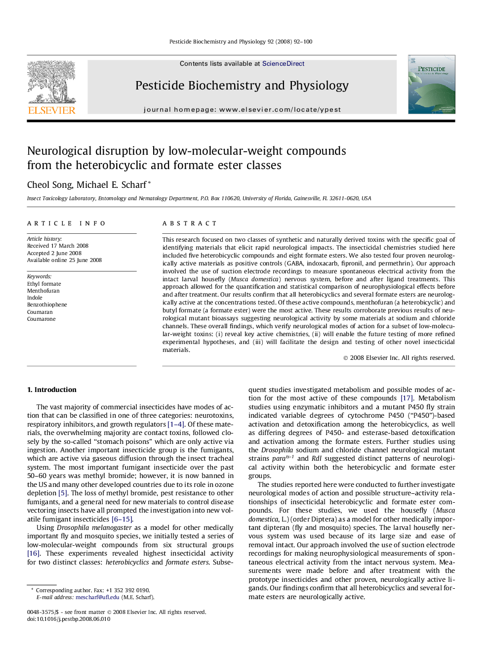 Neurological disruption by low-molecular-weight compounds from the heterobicyclic and formate ester classes