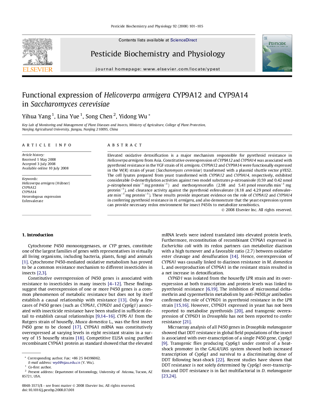 Functional expression of Helicoverpa armigera CYP9A12 and CYP9A14 in Saccharomyces cerevisiae