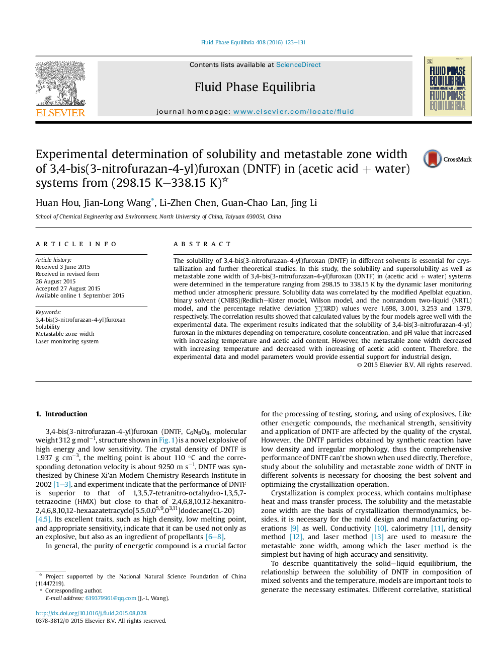 Experimental determination of solubility and metastable zone width of 3,4-bis(3-nitrofurazan-4-yl)furoxan (DNTF) in (acetic acid + water) systems from (298.15 K–338.15 K) 