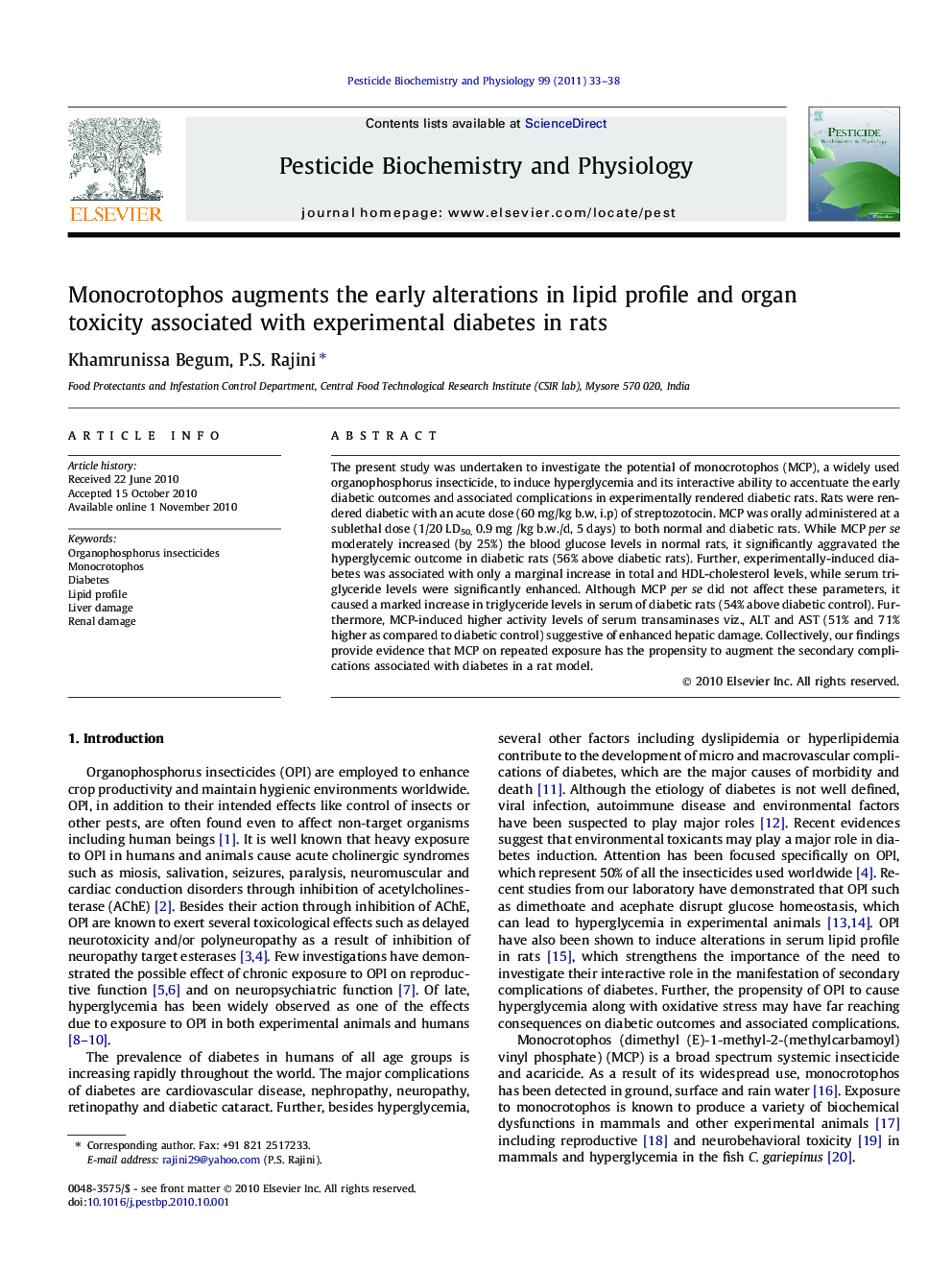 Monocrotophos augments the early alterations in lipid profile and organ toxicity associated with experimental diabetes in rats