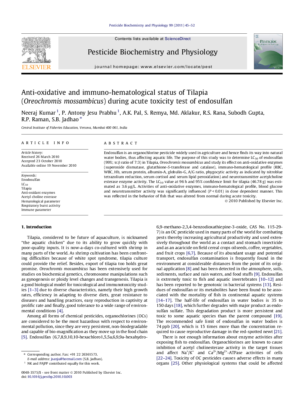 Anti-oxidative and immuno-hematological status of Tilapia (Oreochromis mossambicus) during acute toxicity test of endosulfan