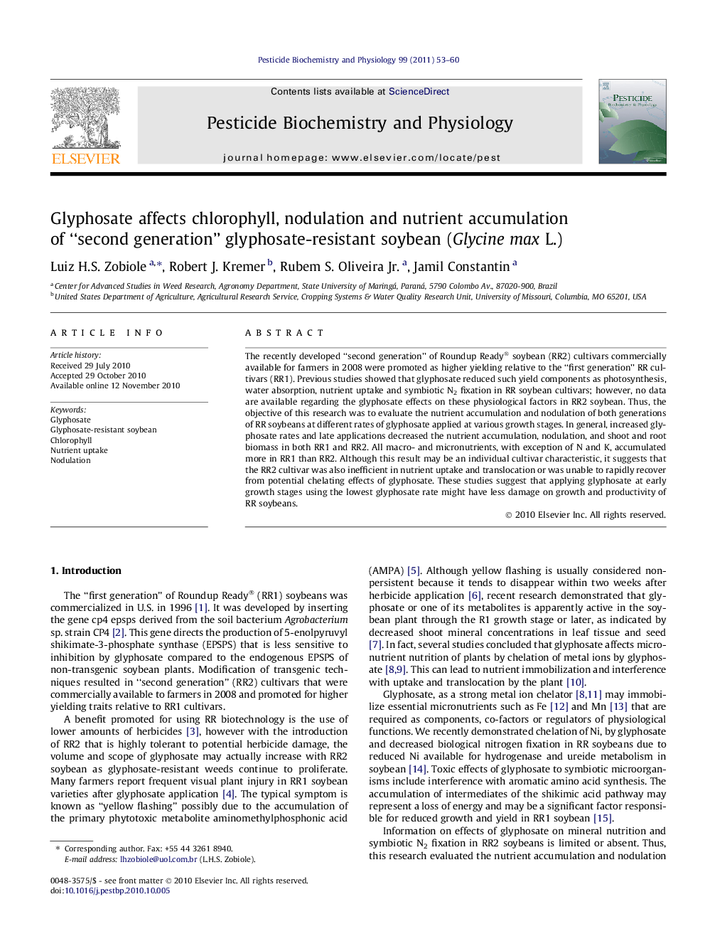 Glyphosate affects chlorophyll, nodulation and nutrient accumulation of “second generation” glyphosate-resistant soybean (Glycine max L.)