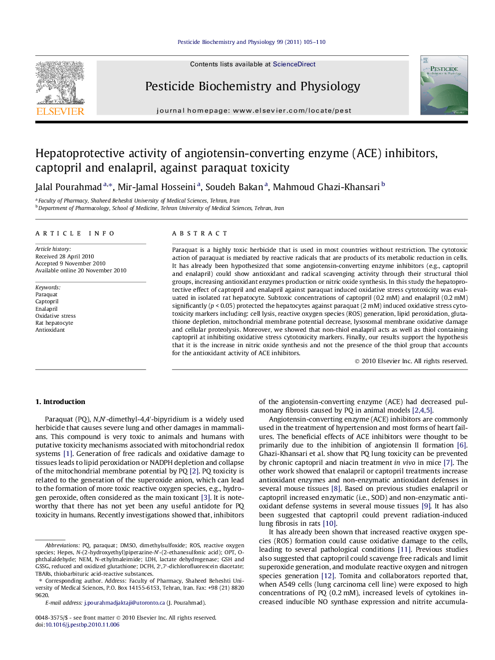 Hepatoprotective activity of angiotensin-converting enzyme (ACE) inhibitors, captopril and enalapril, against paraquat toxicity