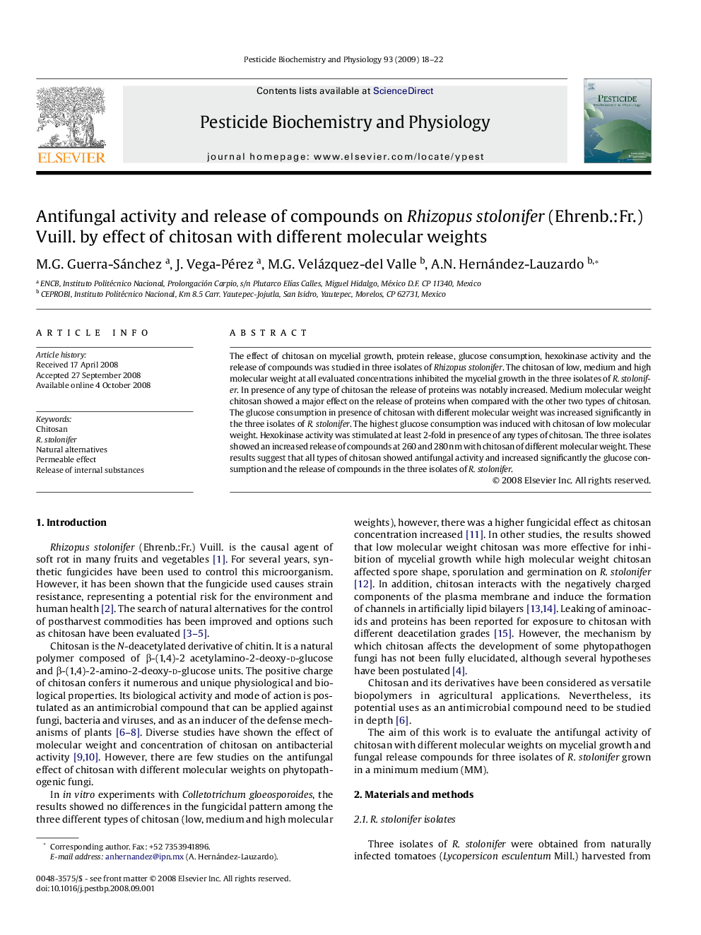 Antifungal activity and release of compounds on Rhizopus stolonifer (Ehrenb.:Fr.) Vuill. by effect of chitosan with different molecular weights