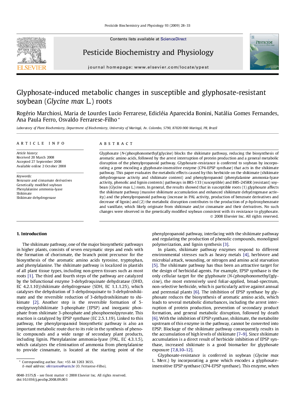 Glyphosate-induced metabolic changes in susceptible and glyphosate-resistant soybean (Glycine max L.) roots