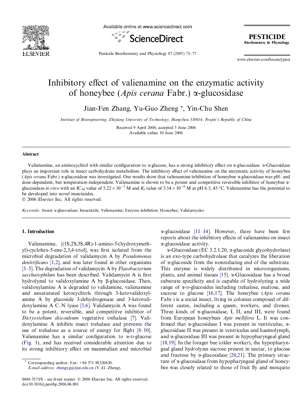 Inhibitory effect of valienamine on the enzymatic activity of honeybee (Apis cerana Fabr.) α-glucosidase