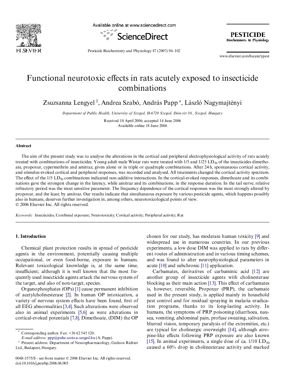 Functional neurotoxic effects in rats acutely exposed to insecticide combinations