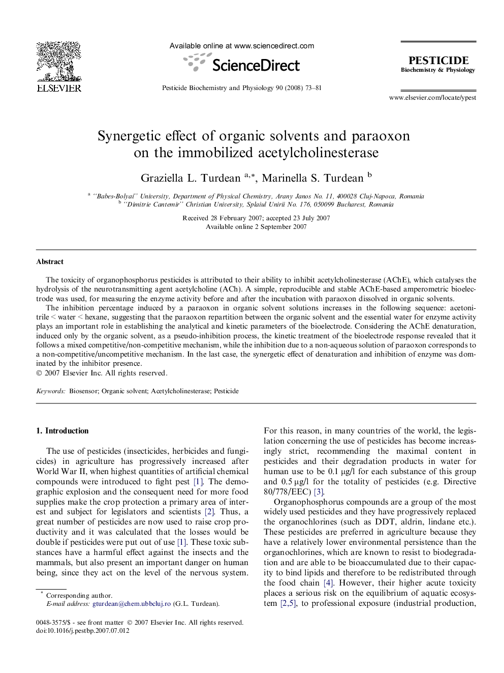 Synergetic effect of organic solvents and paraoxon on the immobilized acetylcholinesterase