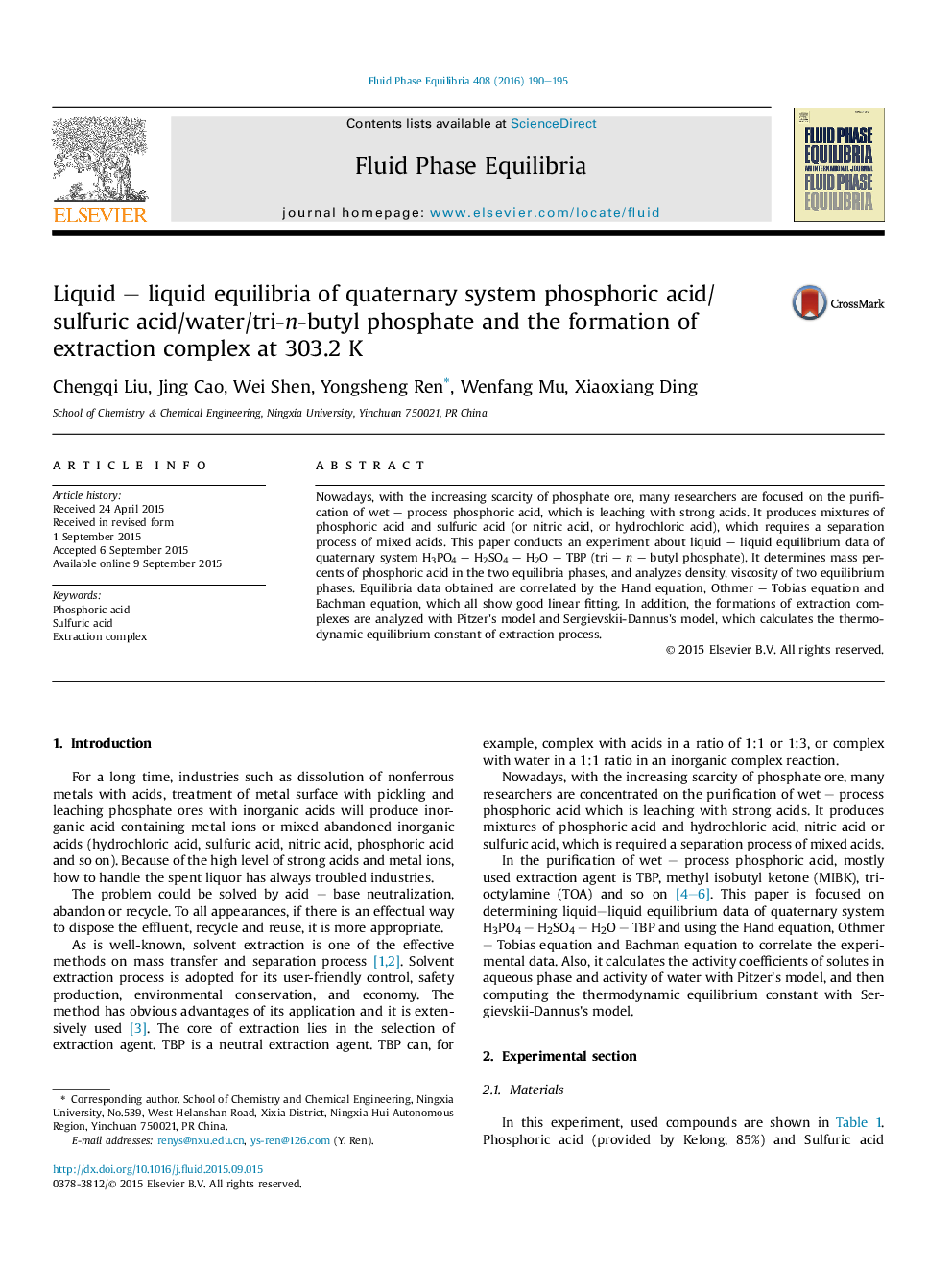 Liquid – liquid equilibria of quaternary system phosphoric acid/sulfuric acid/water/tri-n-butyl phosphate and the formation of extraction complex at 303.2 K