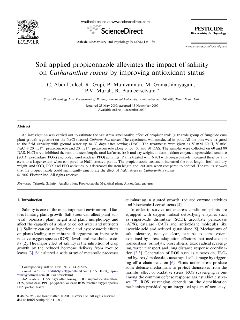 Soil applied propiconazole alleviates the impact of salinity on Catharanthus roseus by improving antioxidant status