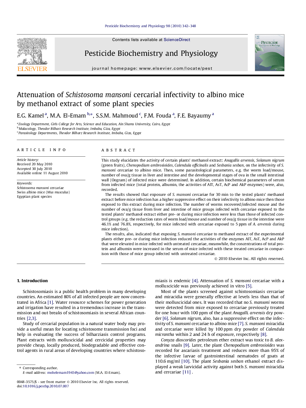 Attenuation of Schistosoma mansoni cercarial infectivity to albino mice by methanol extract of some plant species