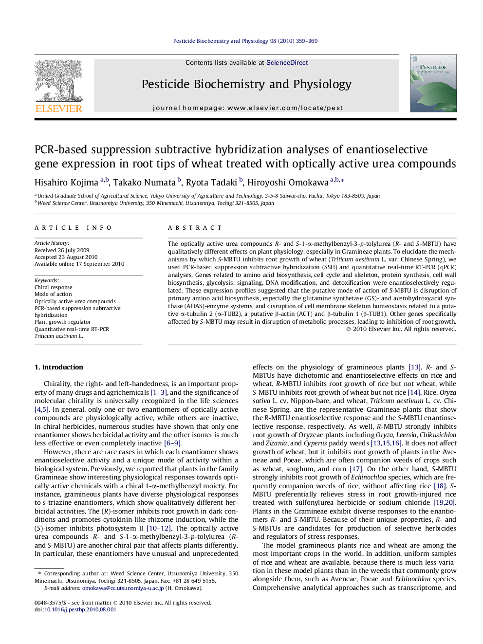 PCR-based suppression subtractive hybridization analyses of enantioselective gene expression in root tips of wheat treated with optically active urea compounds