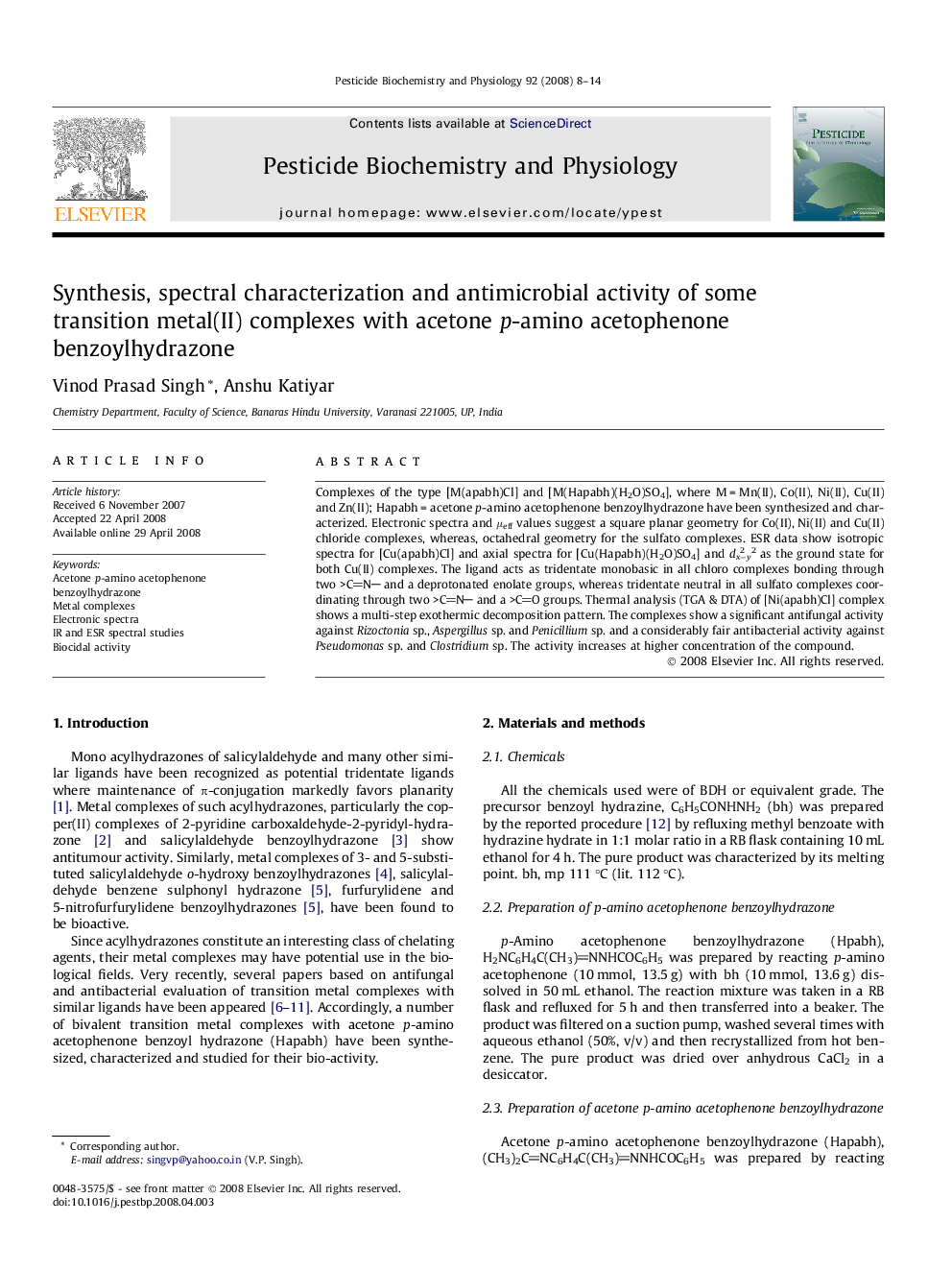 Synthesis, spectral characterization and antimicrobial activity of some transition metal(II) complexes with acetone p-amino acetophenone benzoylhydrazone