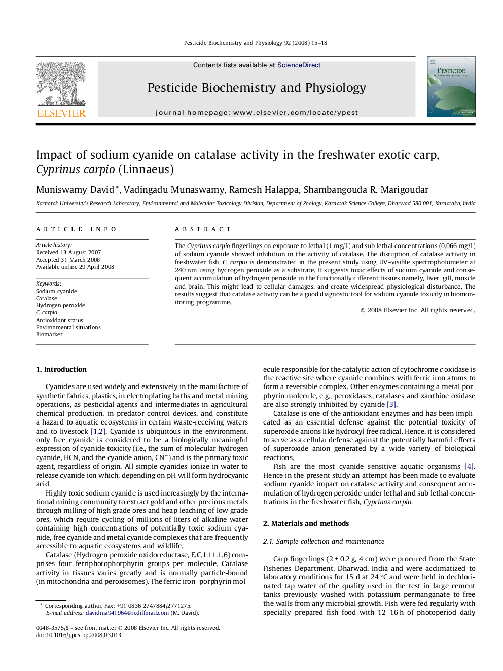 Impact of sodium cyanide on catalase activity in the freshwater exotic carp, Cyprinus carpio (Linnaeus)