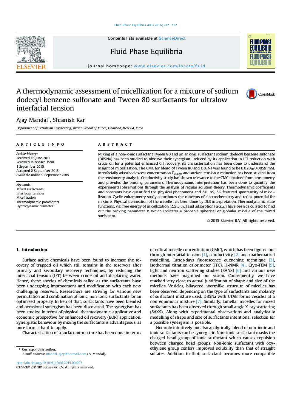 A thermodynamic assessment of micellization for a mixture of sodium dodecyl benzene sulfonate and Tween 80 surfactants for ultralow interfacial tension