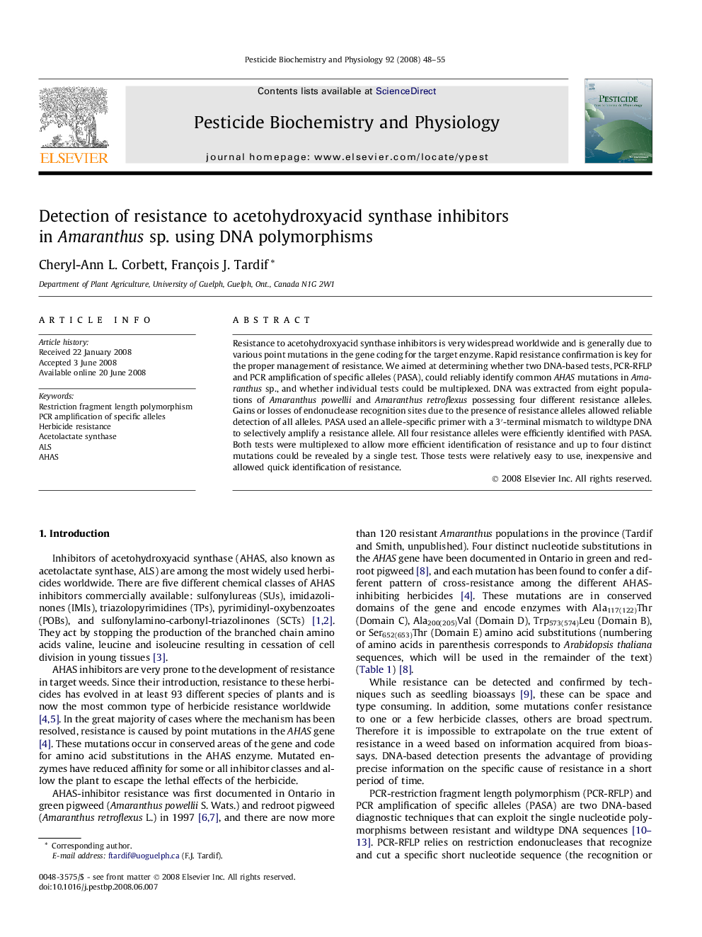 Detection of resistance to acetohydroxyacid synthase inhibitors in Amaranthus sp. using DNA polymorphisms