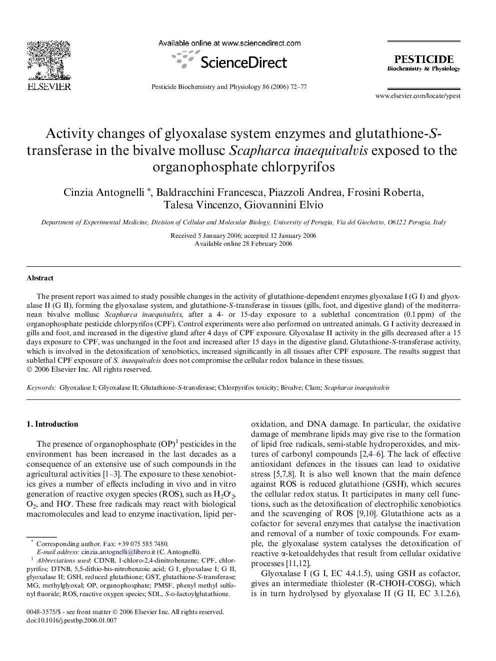 Activity changes of glyoxalase system enzymes and glutathione-S-transferase in the bivalve mollusc Scapharca inaequivalvis exposed to the organophosphate chlorpyrifos