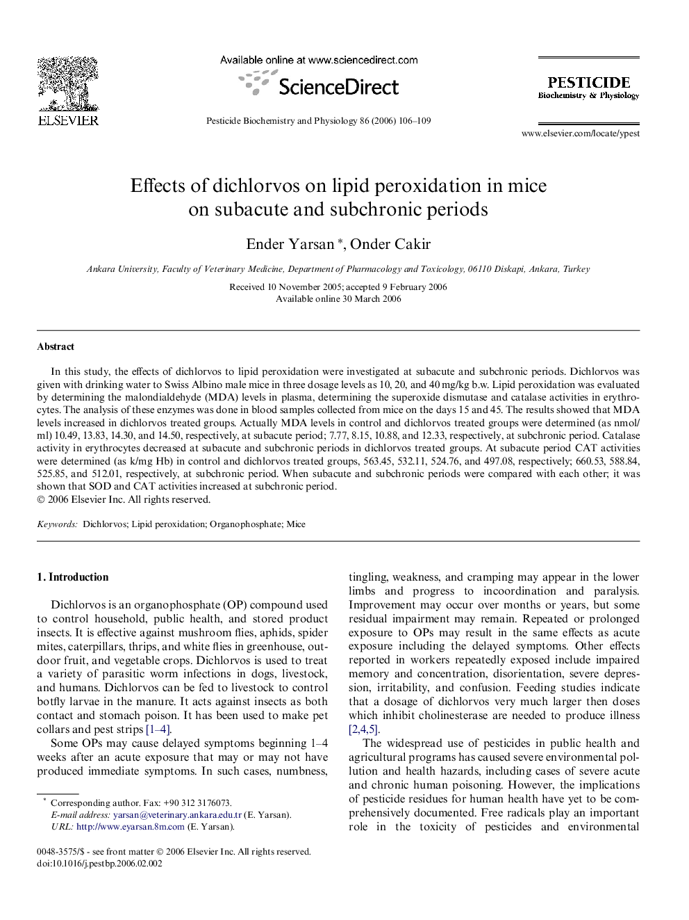 Effects of dichlorvos on lipid peroxidation in mice on subacute and subchronic periods