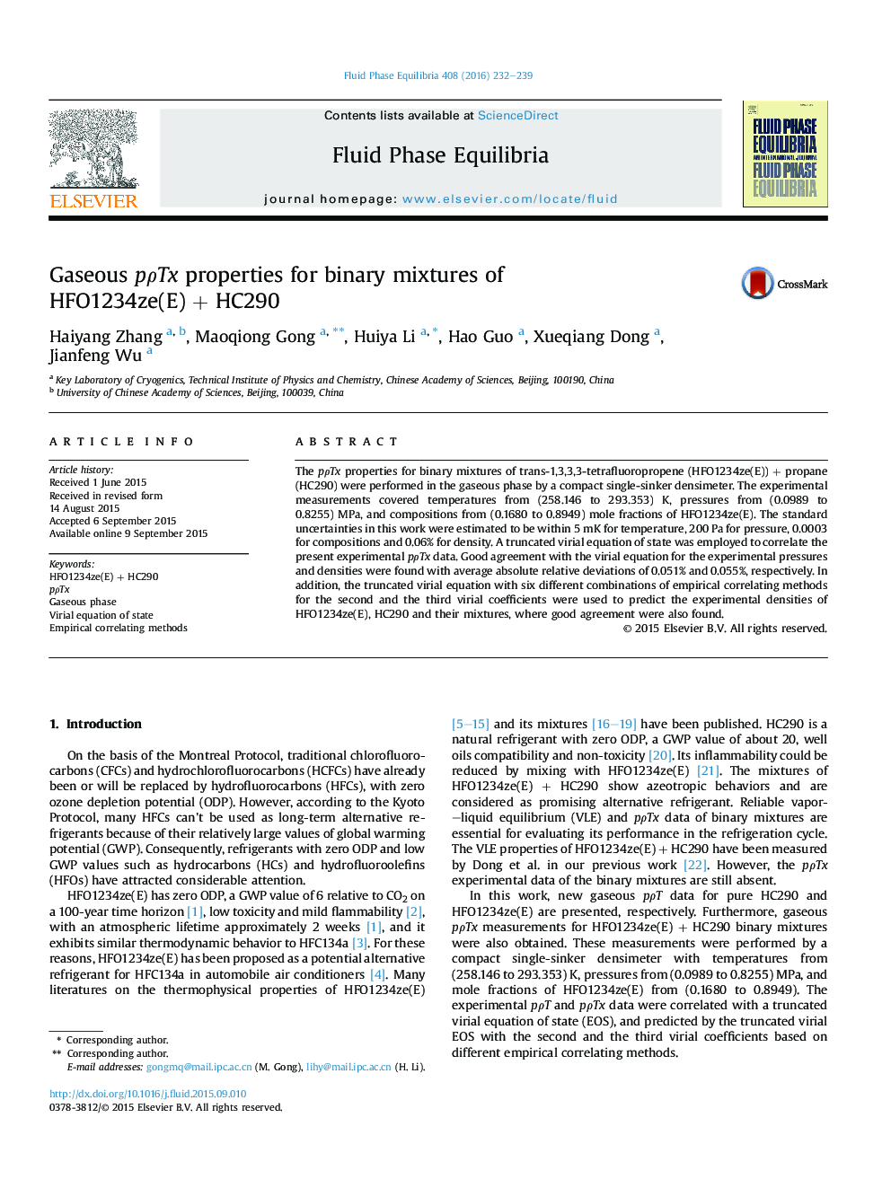 Gaseous pρTx properties for binary mixtures of HFO1234ze(E) + HC290