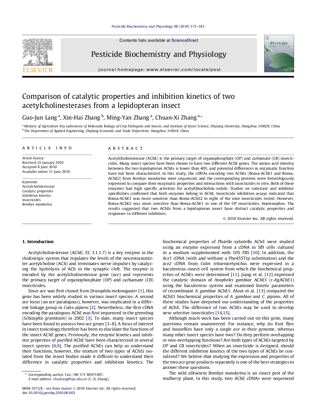 Comparison of catalytic properties and inhibition kinetics of two acetylcholinesterases from a lepidopteran insect