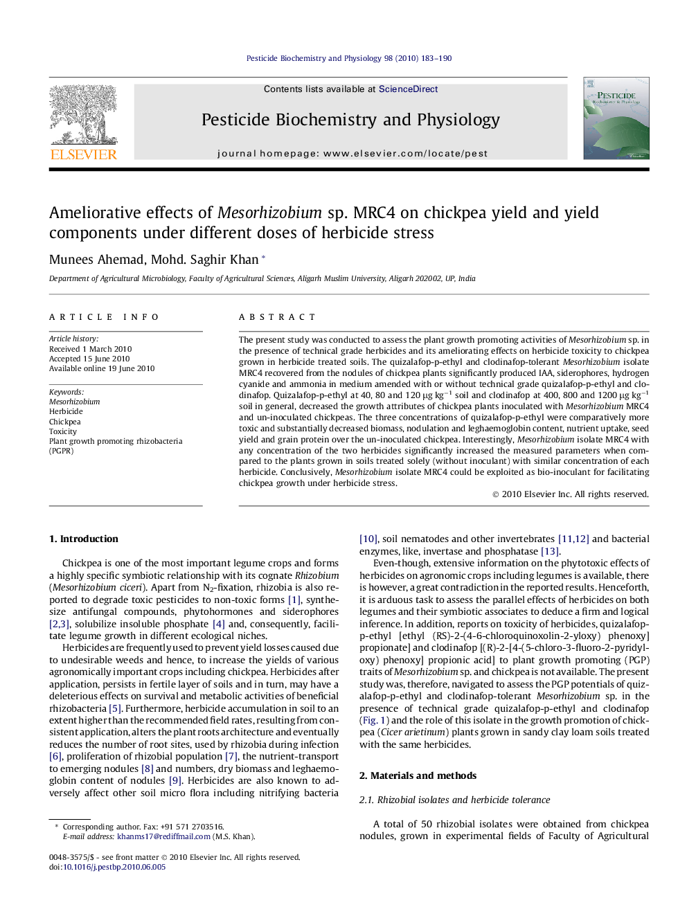 Ameliorative effects of Mesorhizobium sp. MRC4 on chickpea yield and yield components under different doses of herbicide stress