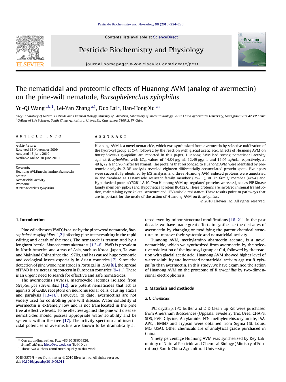 The nematicidal and proteomic effects of Huanong AVM (analog of avermectin) on the pine-wilt nematode, Bursaphelenchus xylophilus