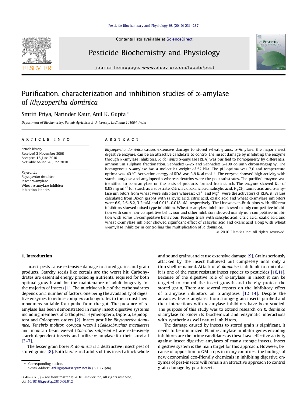 Purification, characterization and inhibition studies of α-amylase of Rhyzopertha dominica