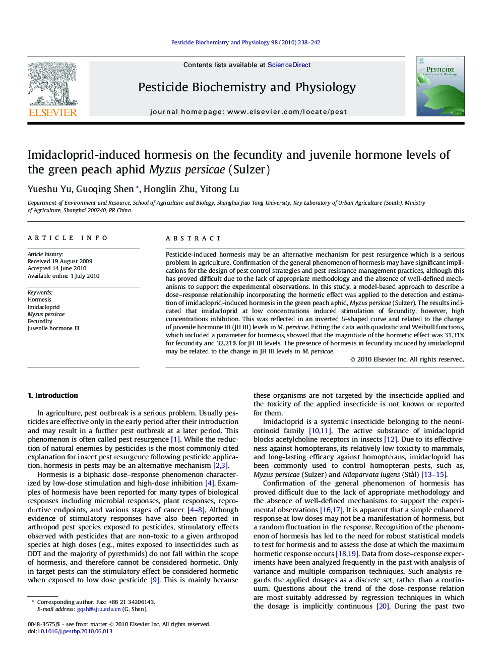 Imidacloprid-induced hormesis on the fecundity and juvenile hormone levels of the green peach aphid Myzus persicae (Sulzer)