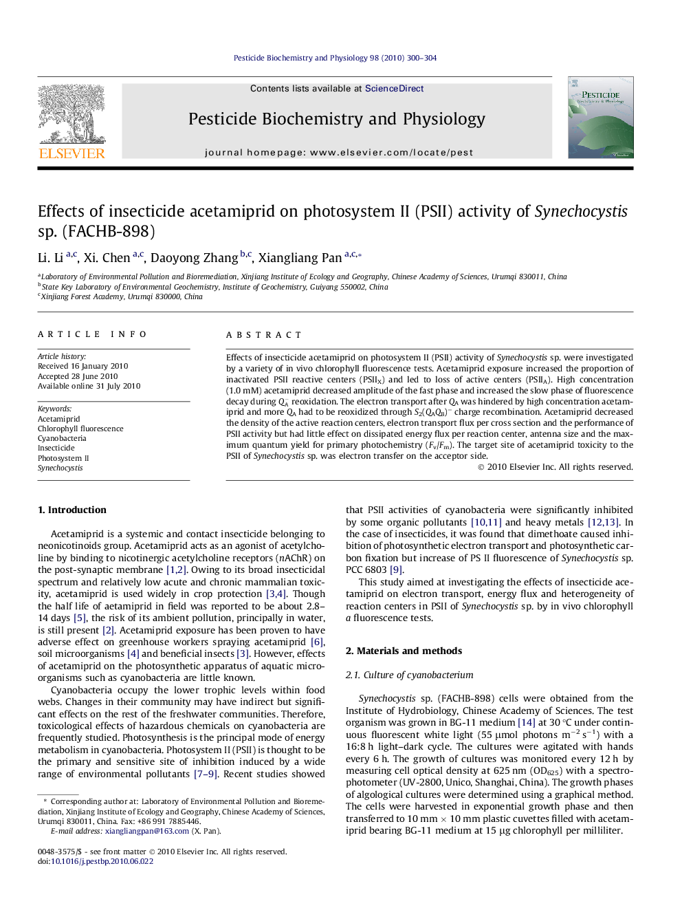 Effects of insecticide acetamiprid on photosystem II (PSII) activity of Synechocystis sp. (FACHB-898)