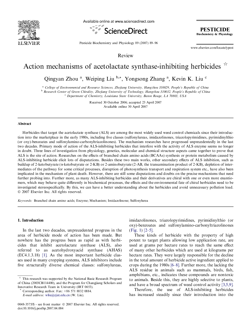 Action mechanisms of acetolactate synthase-inhibiting herbicides 