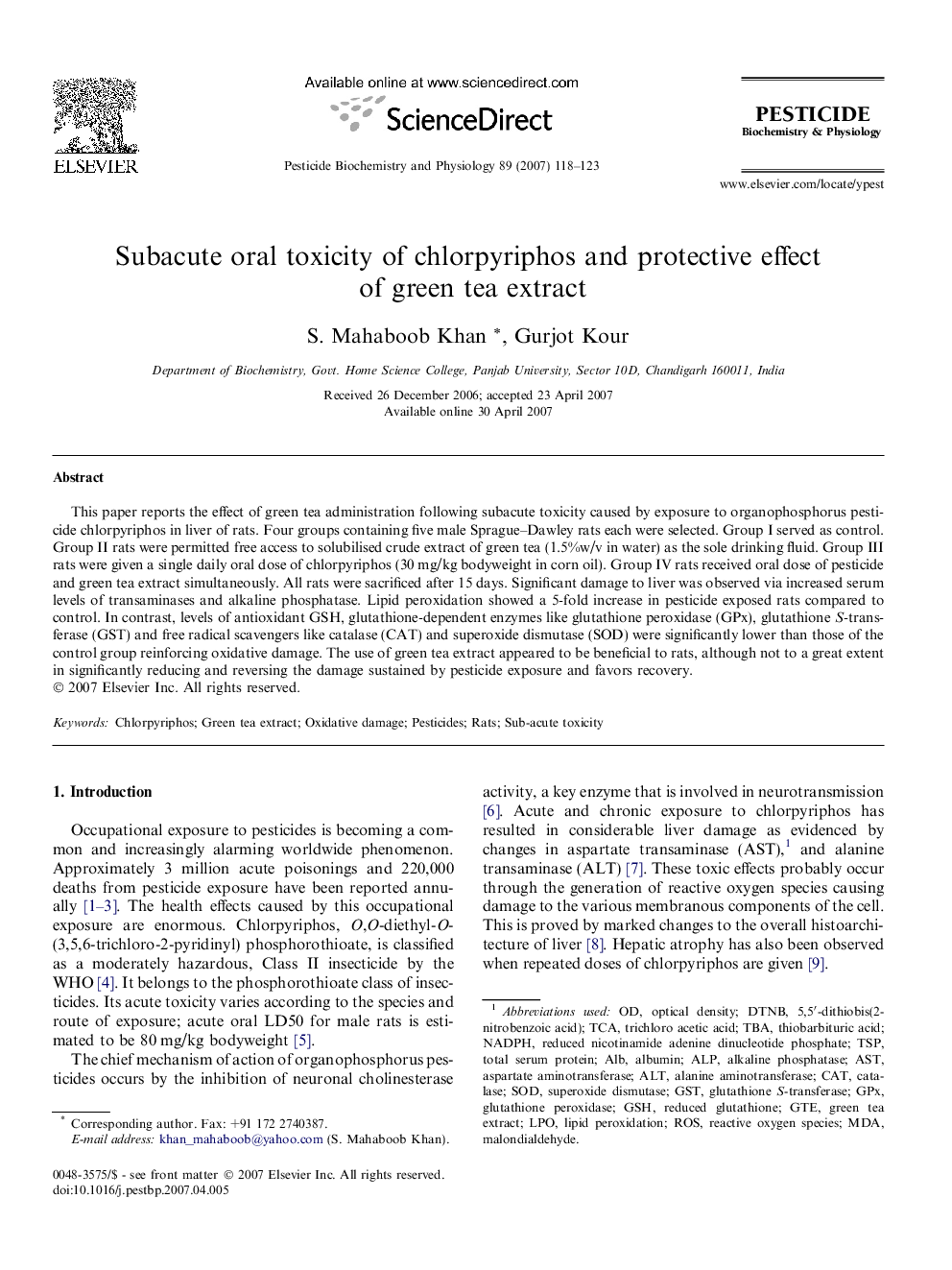 Subacute oral toxicity of chlorpyriphos and protective effect of green tea extract