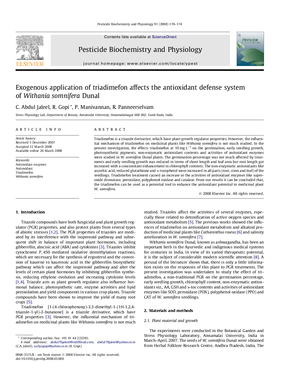 Exogenous application of triadimefon affects the antioxidant defense system of Withania somnifera Dunal