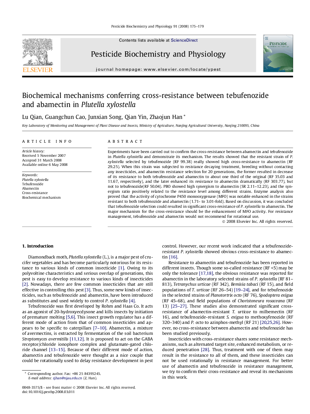 Biochemical mechanisms conferring cross-resistance between tebufenozide and abamectin in Plutella xylostella