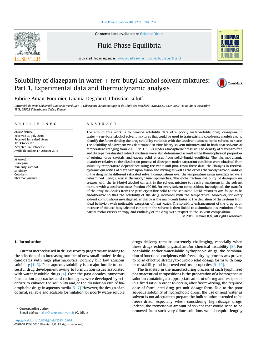 Solubility of diazepam in water + tert-butyl alcohol solvent mixtures: Part 1. Experimental data and thermodynamic analysis