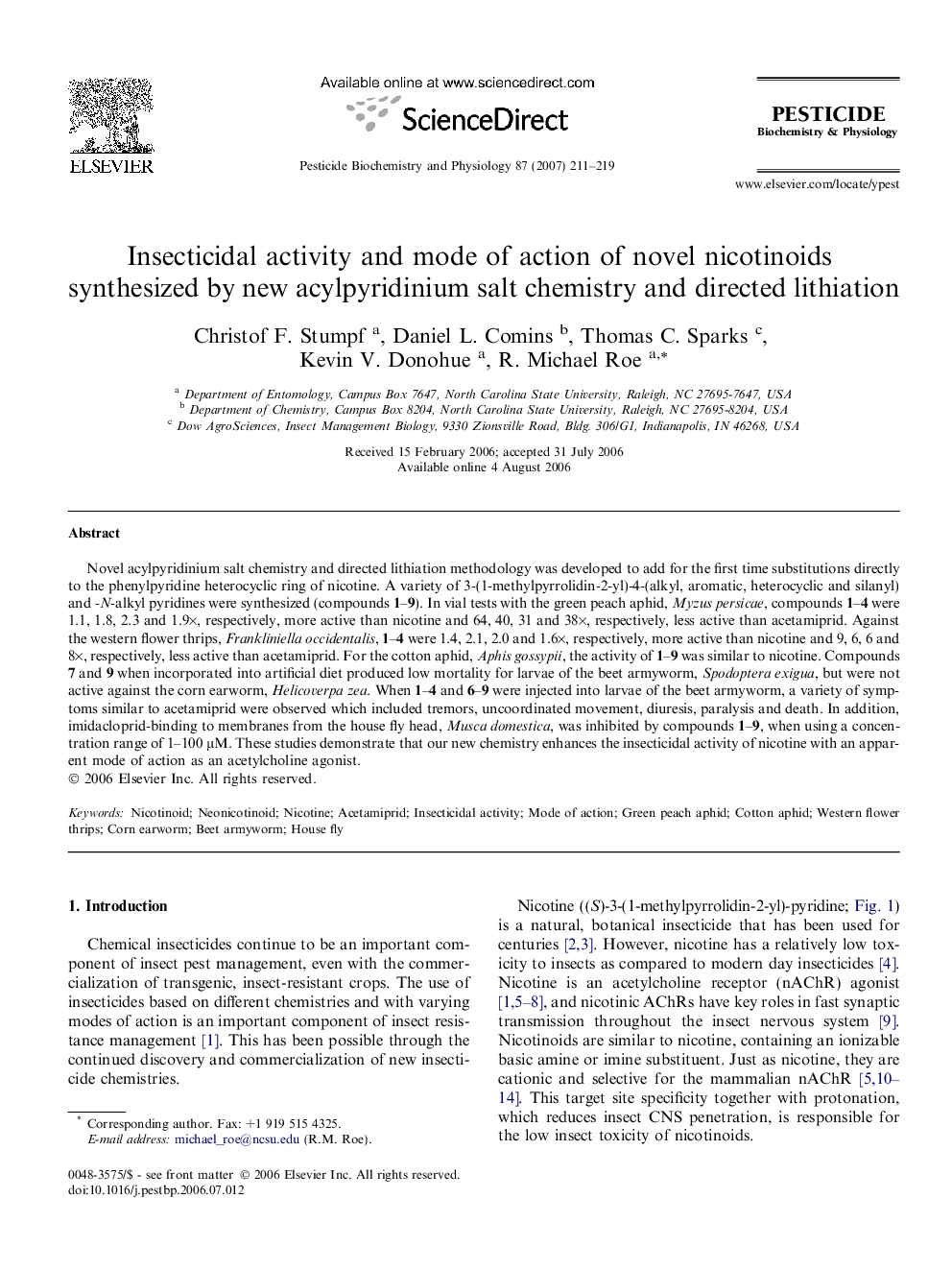 Insecticidal activity and mode of action of novel nicotinoids synthesized by new acylpyridinium salt chemistry and directed lithiation