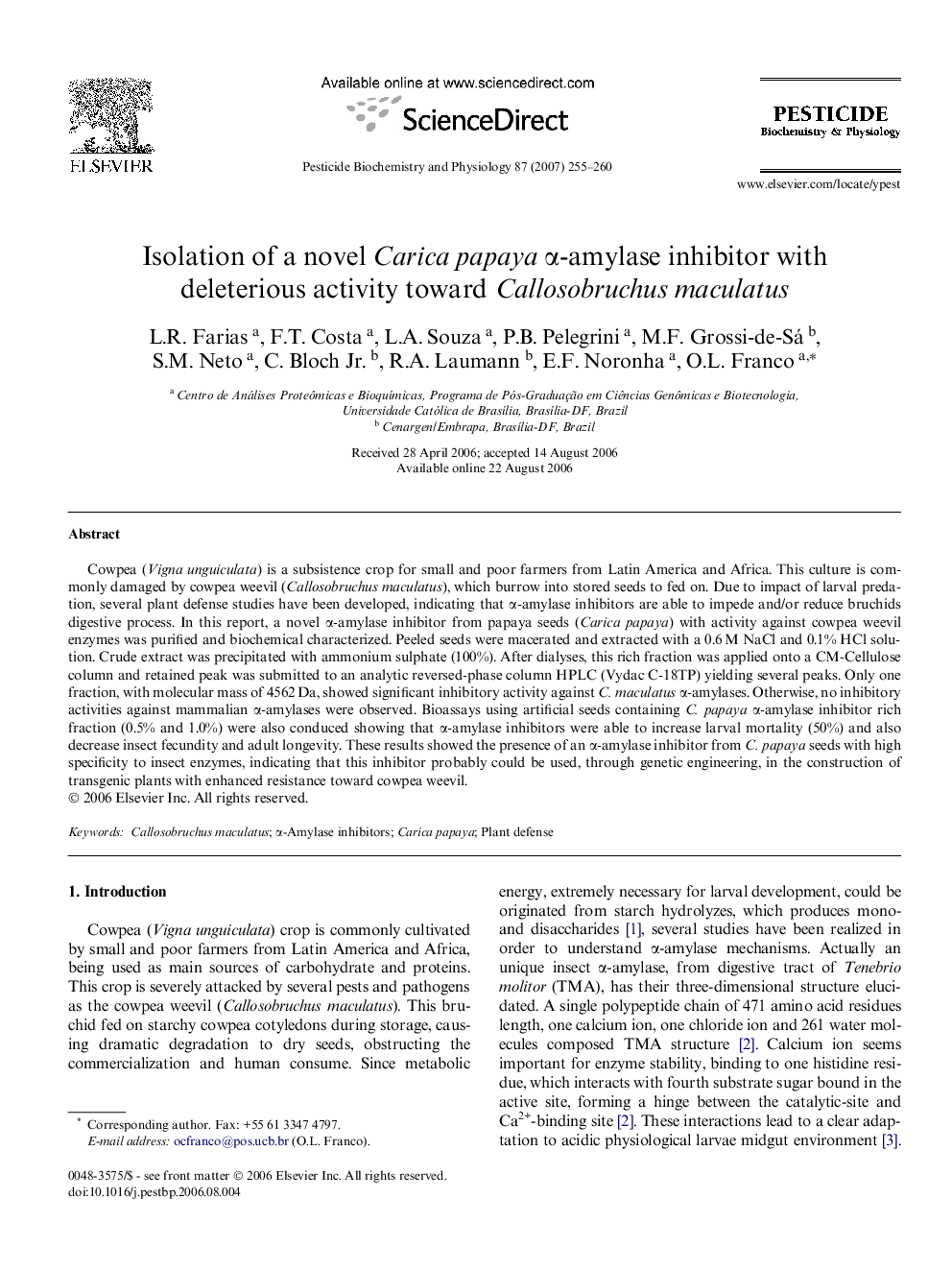 Isolation of a novel Carica papaya α-amylase inhibitor with deleterious activity toward Callosobruchus maculatus