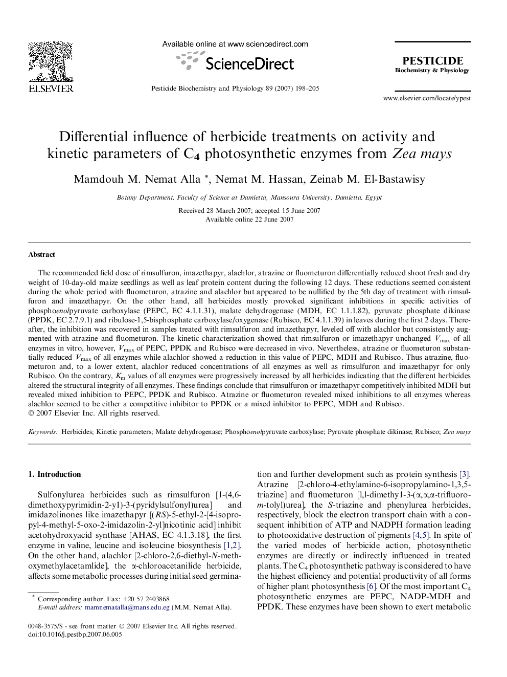 Differential influence of herbicide treatments on activity and kinetic parameters of C4 photosynthetic enzymes from Zea mays