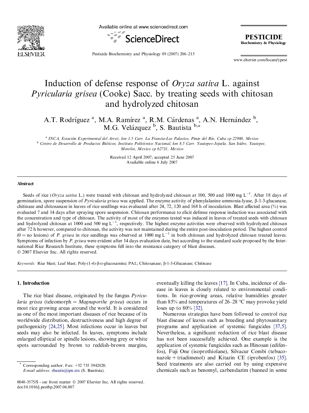 Induction of defense response of Oryza sativa L. against Pyricularia grisea (Cooke) Sacc. by treating seeds with chitosan and hydrolyzed chitosan