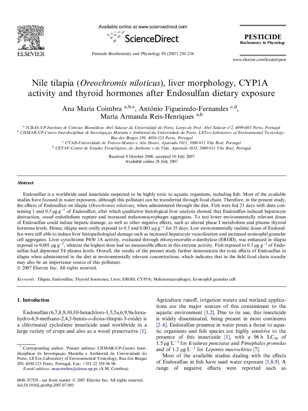 Nile tilapia (Oreochromis niloticus), liver morphology, CYP1A activity and thyroid hormones after Endosulfan dietary exposure