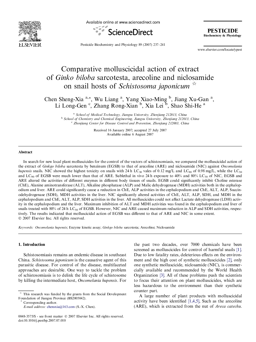 Comparative molluscicidal action of extract of Ginko biloba sarcotesta, arecoline and niclosamide on snail hosts of Schistosoma japonicum 