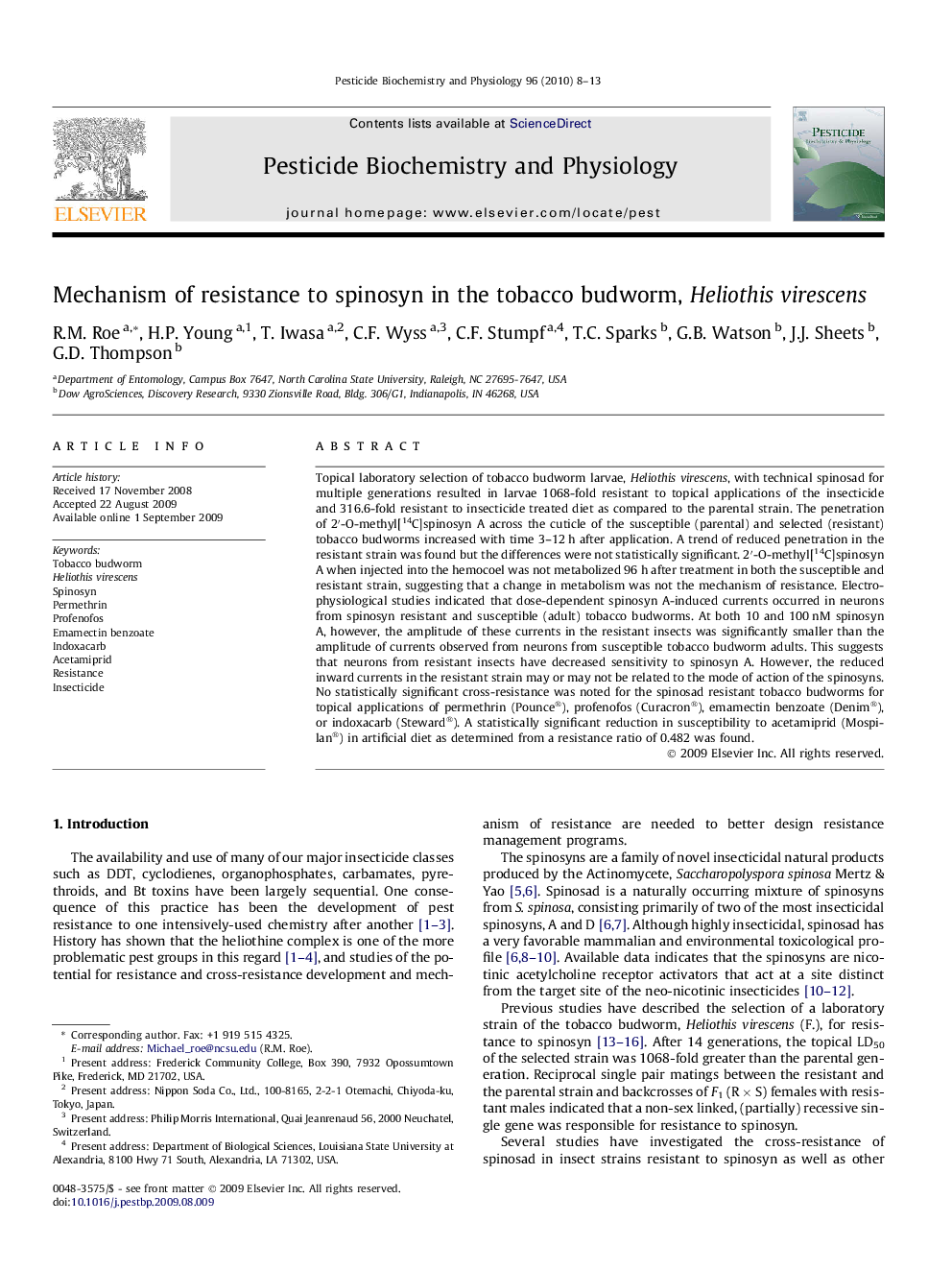 Mechanism of resistance to spinosyn in the tobacco budworm, Heliothis virescens