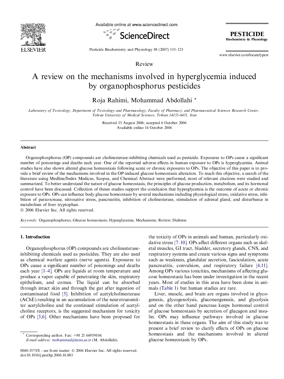 A review on the mechanisms involved in hyperglycemia induced by organophosphorus pesticides