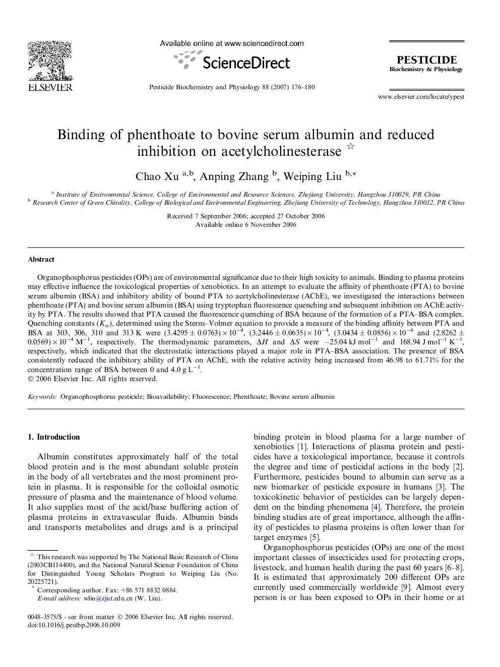 Binding of phenthoate to bovine serum albumin and reduced inhibition on acetylcholinesterase 