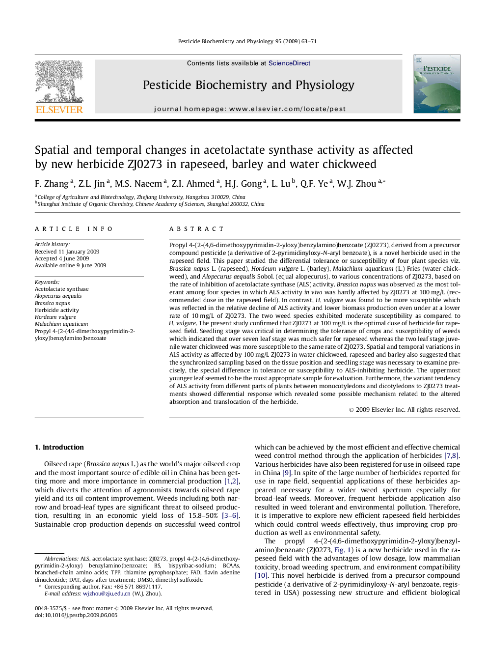 Spatial and temporal changes in acetolactate synthase activity as affected by new herbicide ZJ0273 in rapeseed, barley and water chickweed