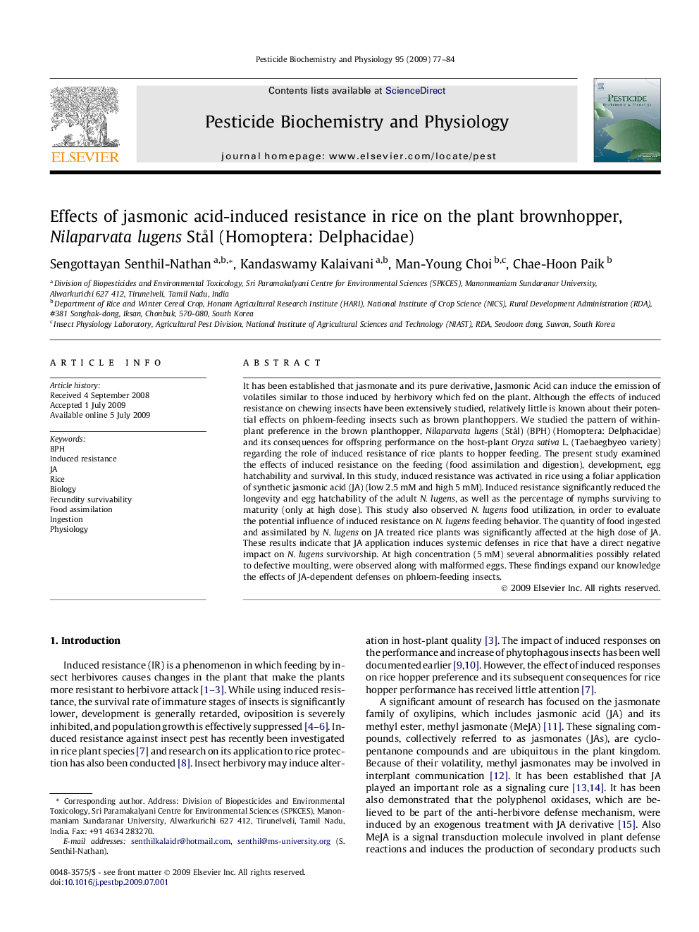 Effects of jasmonic acid-induced resistance in rice on the plant brownhopper, Nilaparvata lugens Stål (Homoptera: Delphacidae)