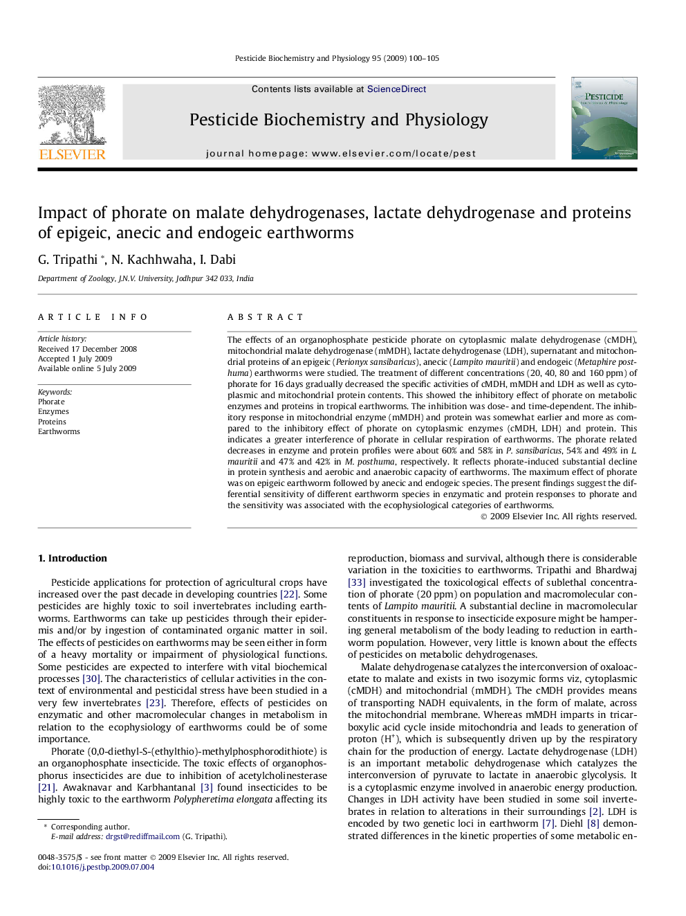 Impact of phorate on malate dehydrogenases, lactate dehydrogenase and proteins of epigeic, anecic and endogeic earthworms